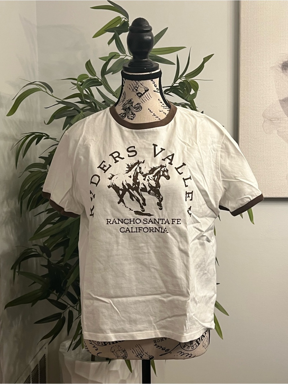 H&M Cream Tee with Brown Ringer Trim and Graphic